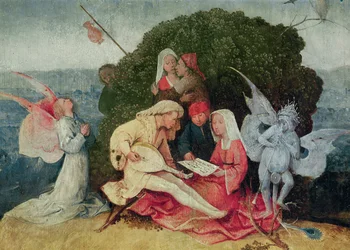 Os músicos no topo do vagão, detalhe do painel central do The Haywain Triptych, óleo c.1515 no detalhe do painel de 3429